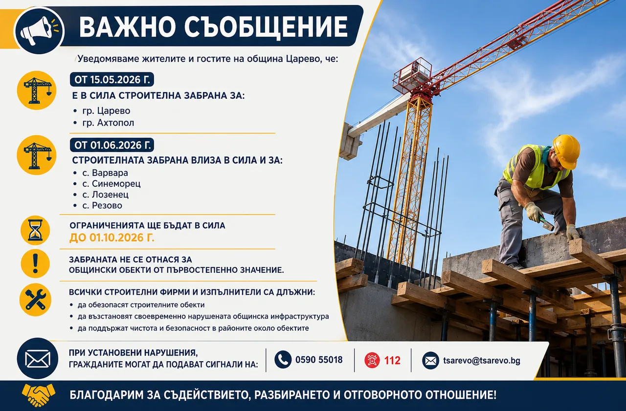 Община Царево въвежда строителна забрана за летния сезон